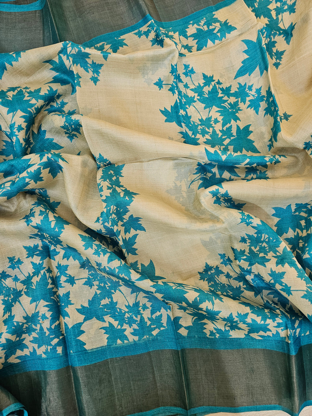 Cream with Blue Leaf Tussar Silk Saree with Zari Border