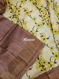 Cream with Brown Floral Tussar Silk Saree with Zari Border