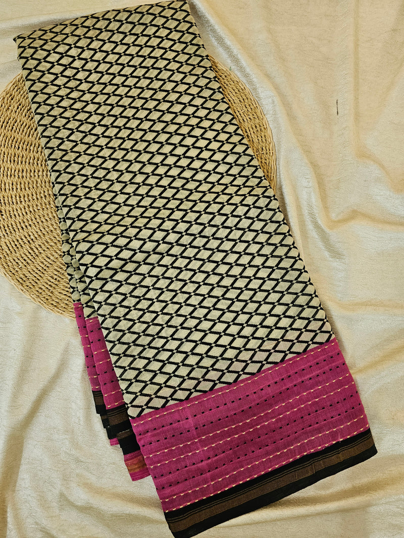 Pure Chanderi Butter Silk - Cream with Pink