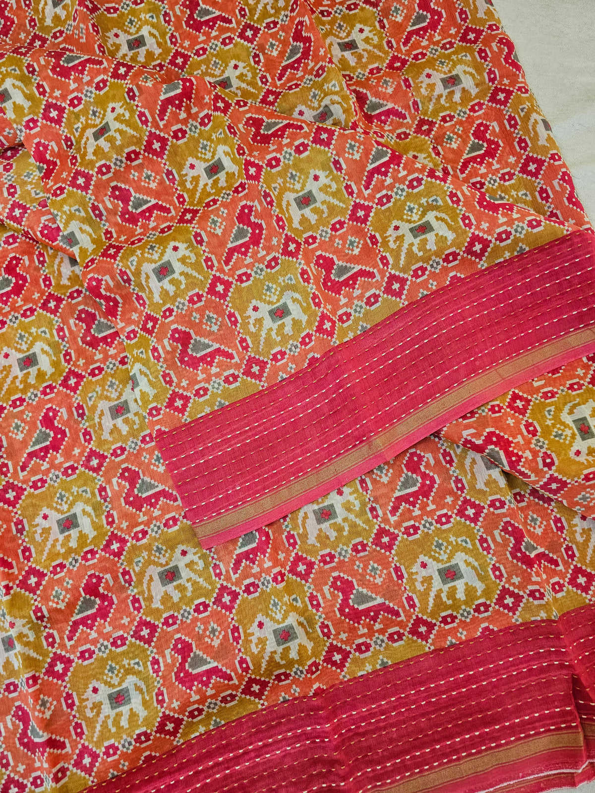 Pure Chanderi Butter Silk - Yellow with Pink