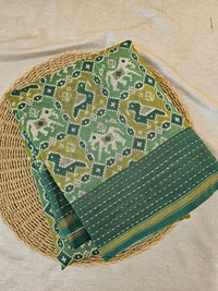 Pure Chanderi Butter Silk - Lime Green with Dark Green