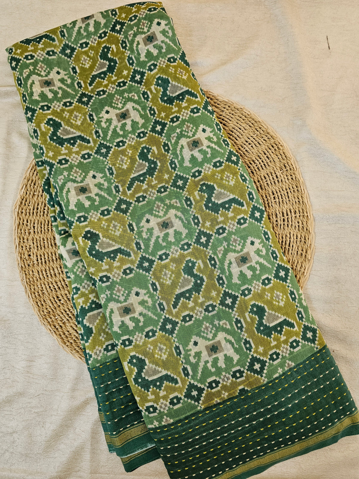 Pure Chanderi Butter Silk - Lime Green with Dark Green