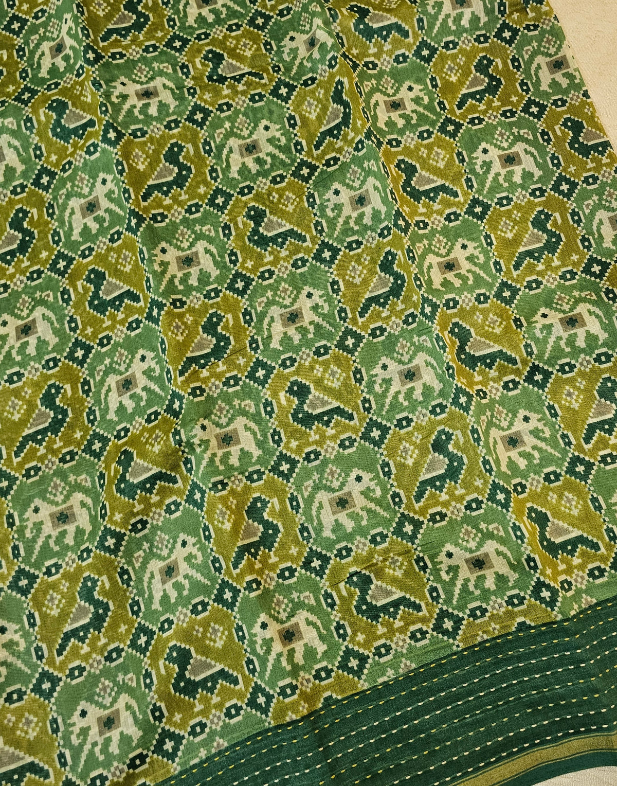 Pure Chanderi Butter Silk - Lime Green with Dark Green