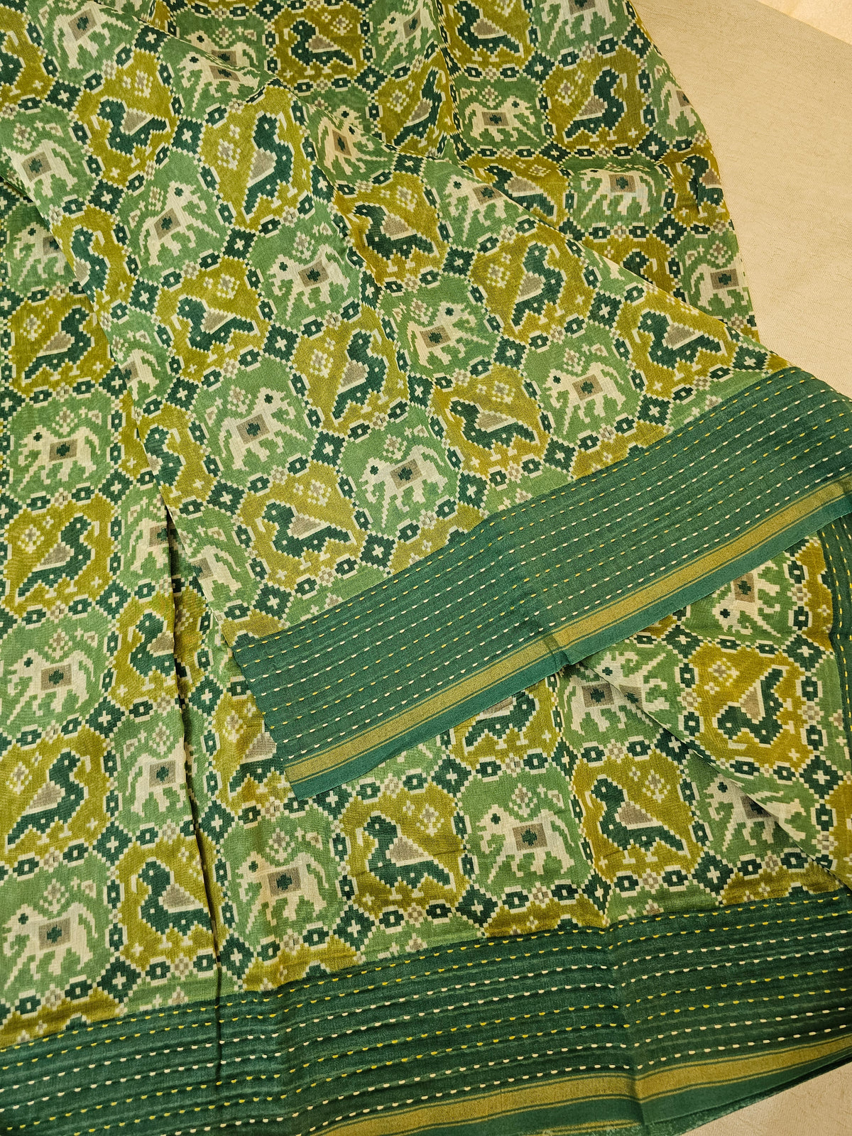 Pure Chanderi Butter Silk - Lime Green with Dark Green