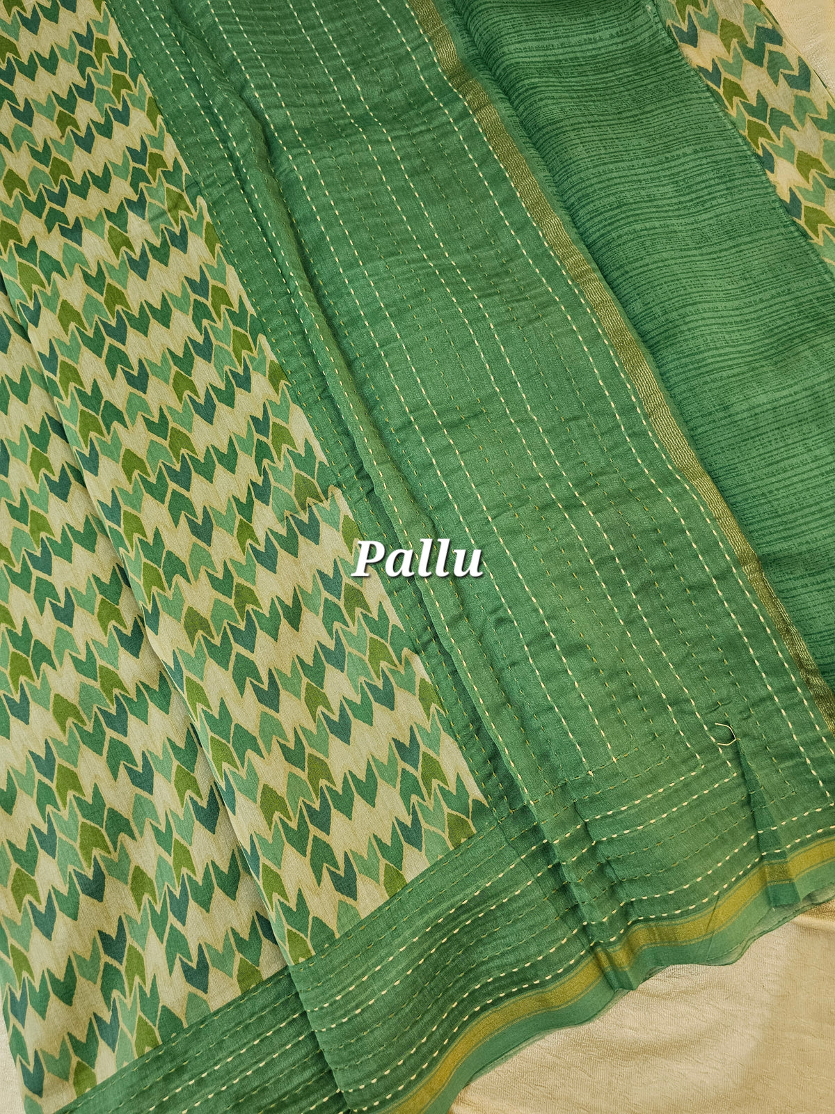 Pure Chanderi Butter Silk - Cream with Green