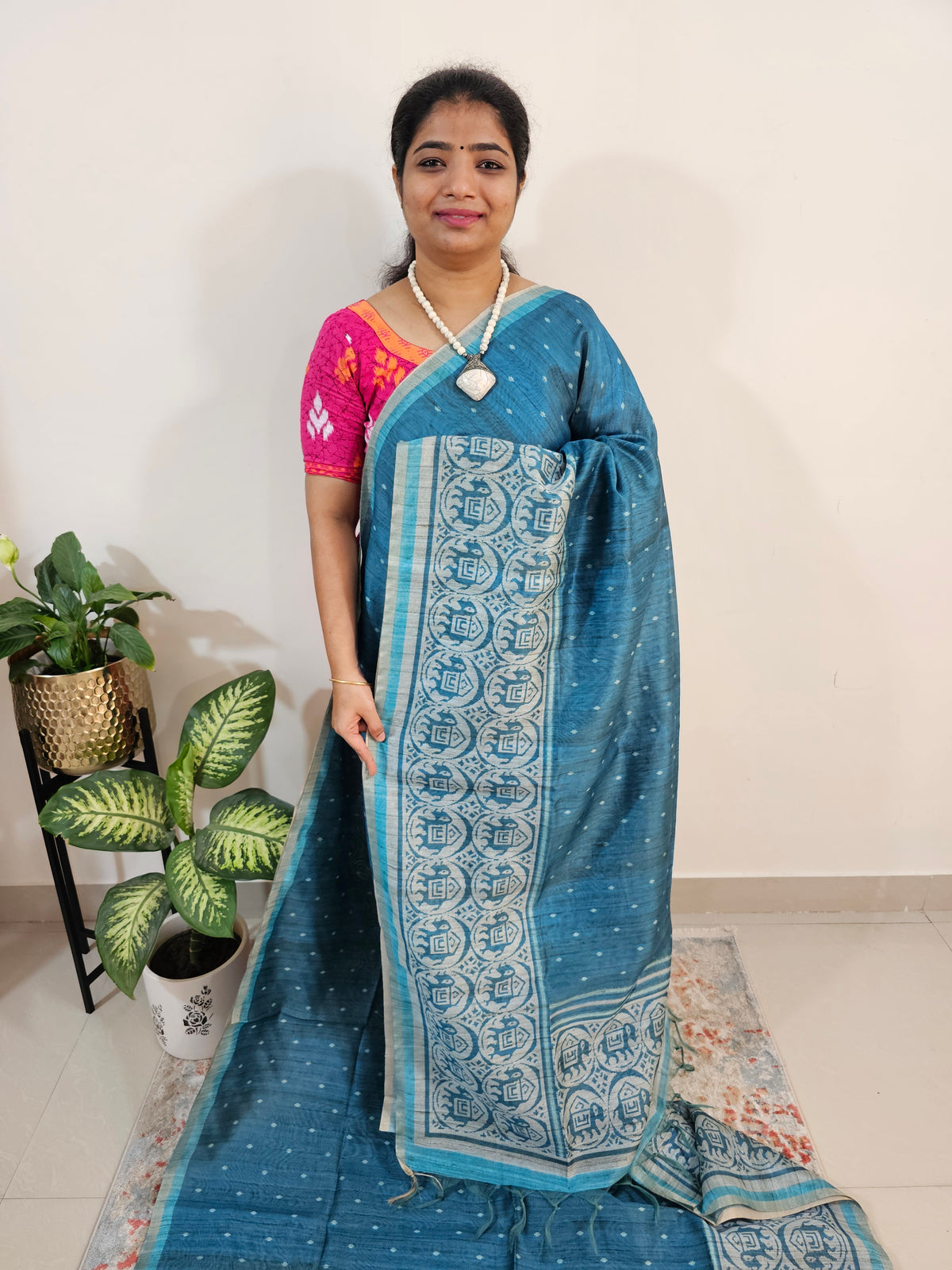 Semi Ghicha Digital Printed Saree - Peacock Blue