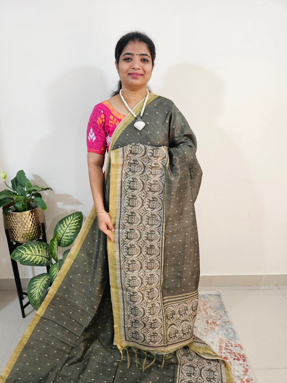 Semi Ghicha Digital Printed Saree - Dark Green