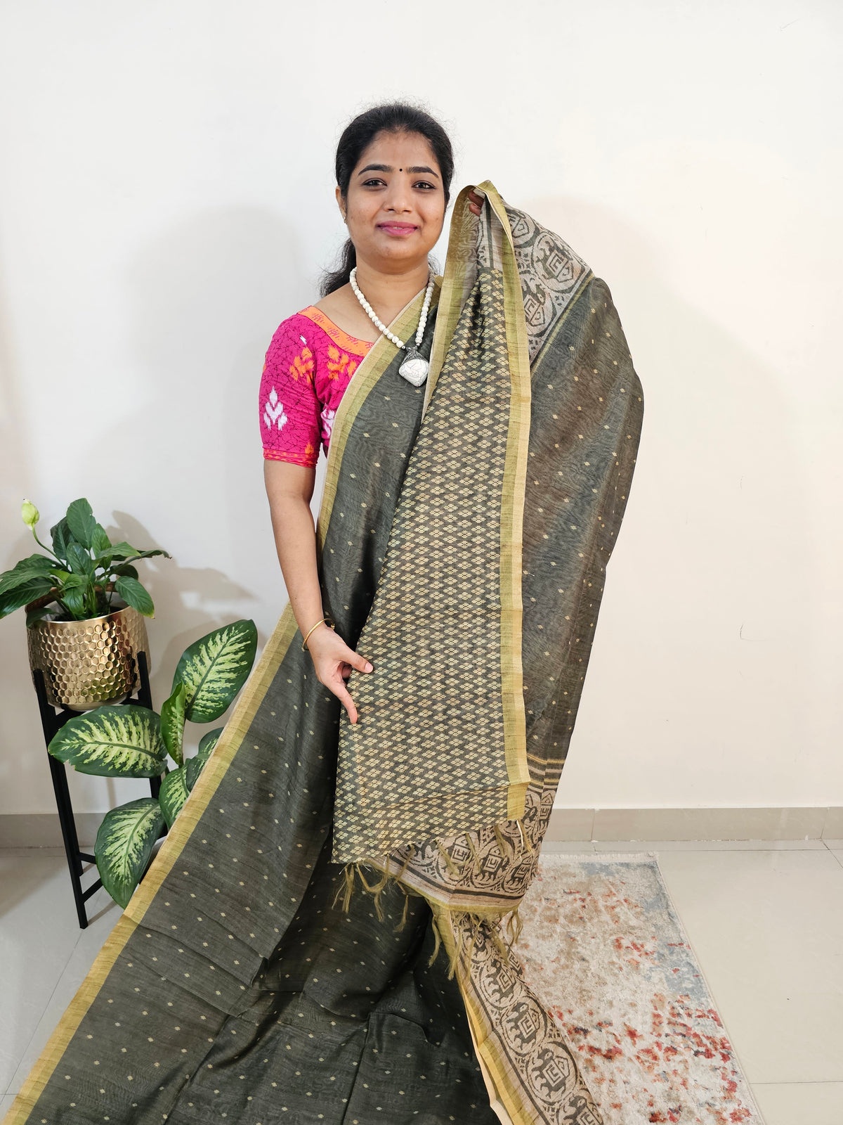 Semi Ghicha Digital Printed Saree - Dark Green