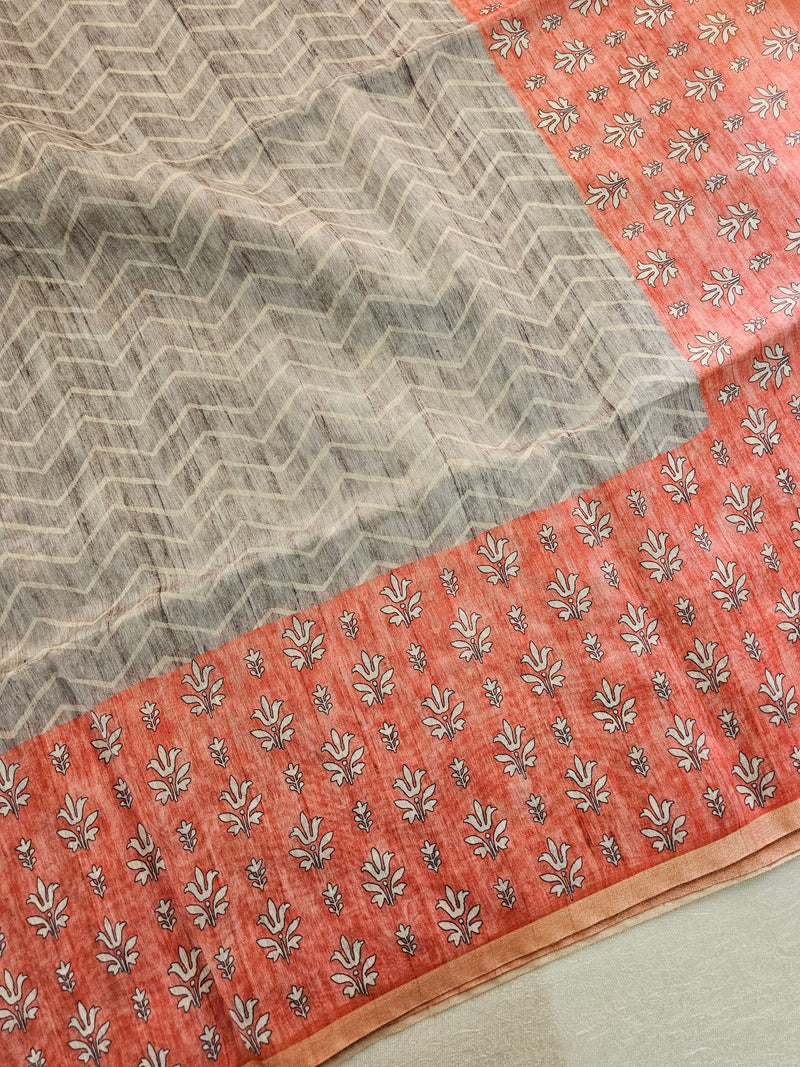 Semi Ghicha Zig-Zag Printed Saree - Grey with Orange