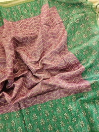 Semi Ghicha Zig-Zag Printed Saree - Purple with Green