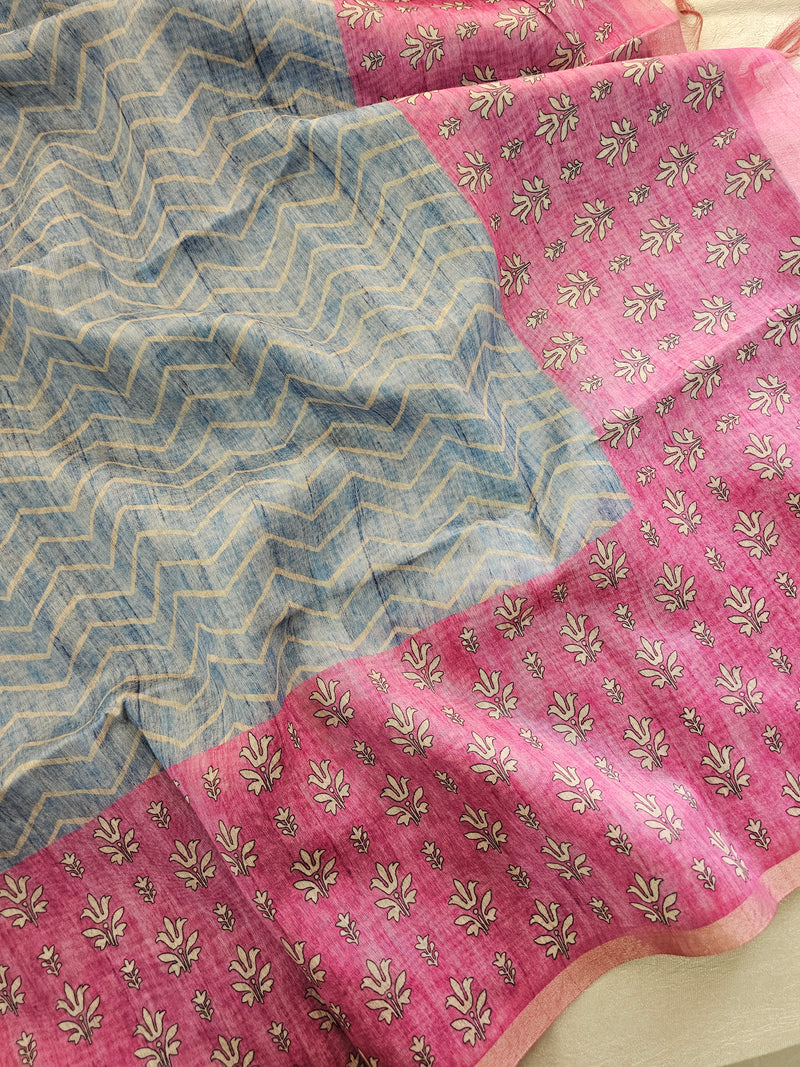 Semi Ghicha Zig-Zag Printed Saree - Blue with Pink