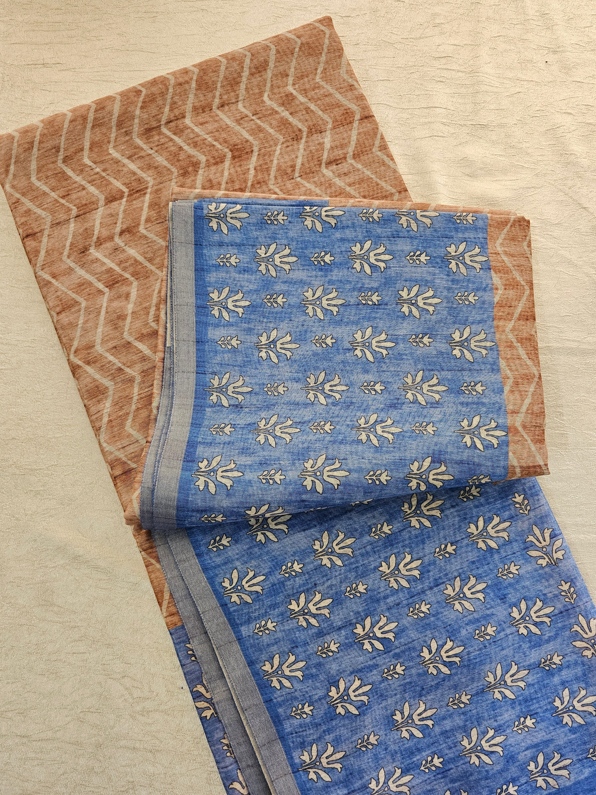 Semi Ghicha Zig-Zag Printed Saree - Brown with Blue