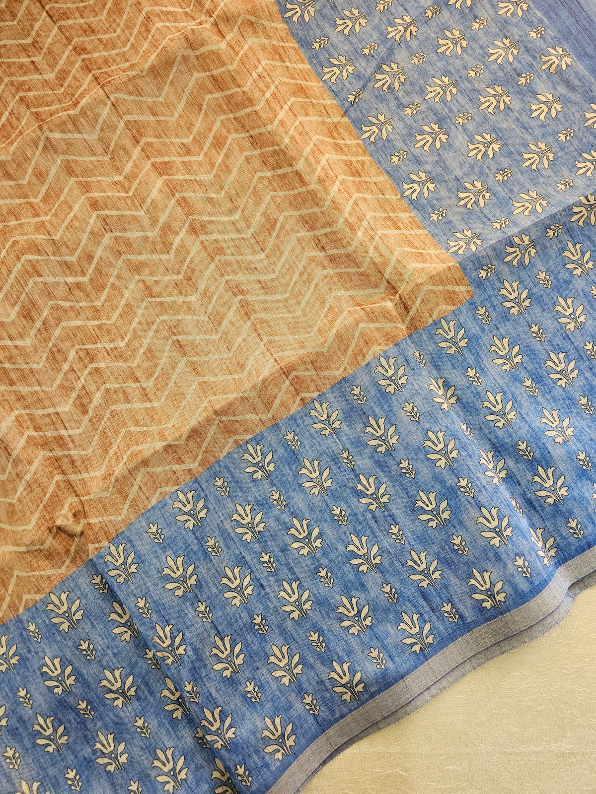 Semi Ghicha Zig-Zag Printed Saree - Brown with Blue