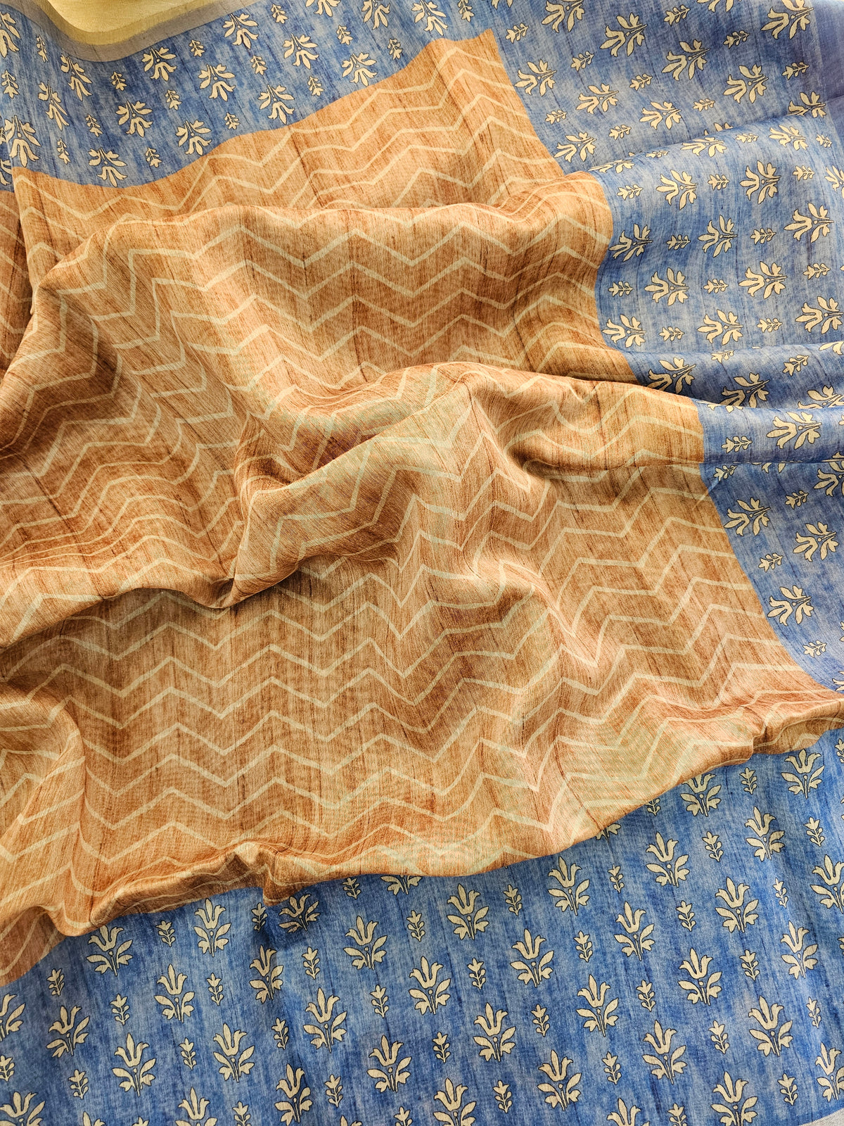 Semi Ghicha Zig-Zag Printed Saree - Brown with Blue