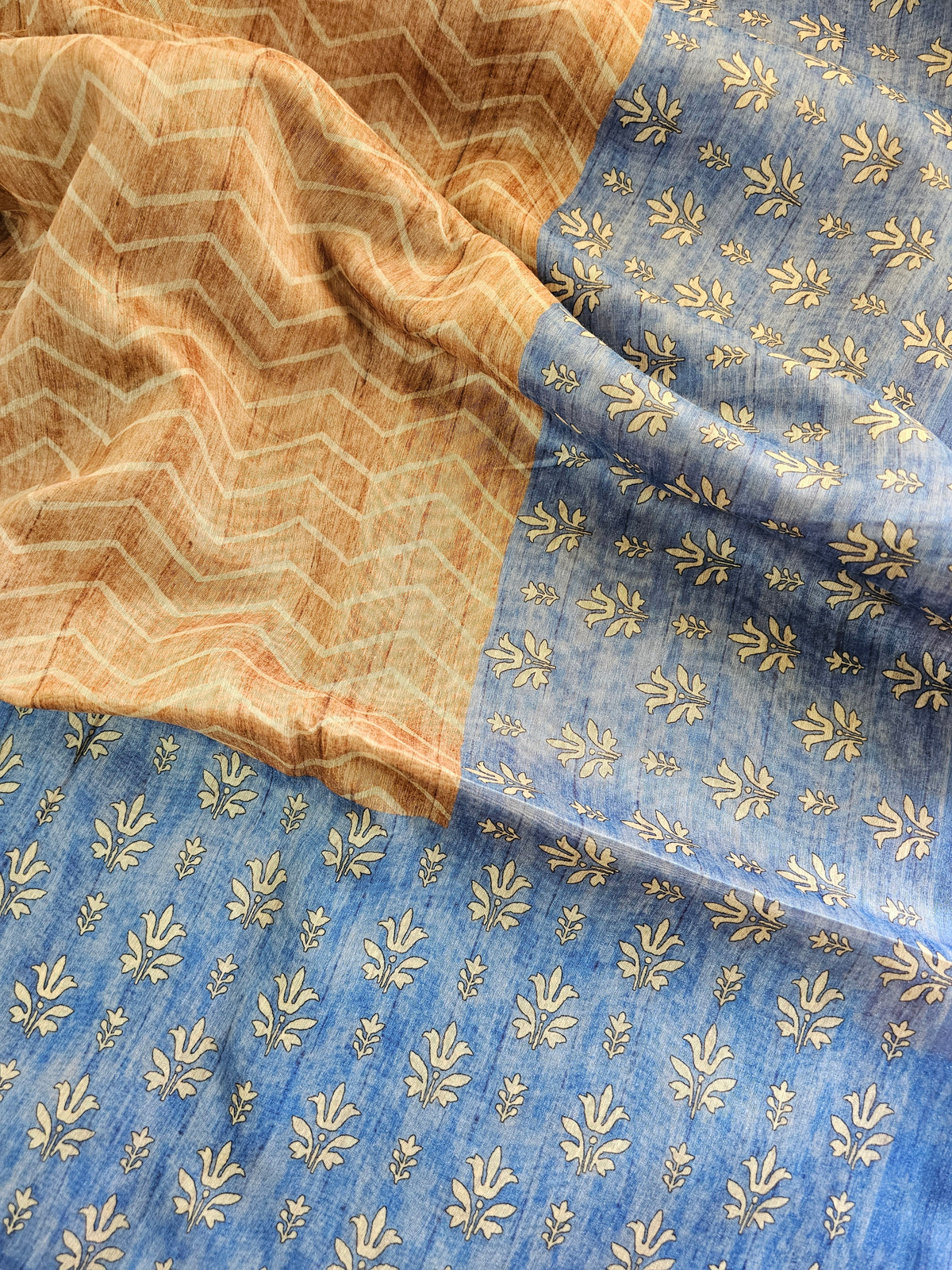 Semi Ghicha Zig-Zag Printed Saree - Brown with Blue