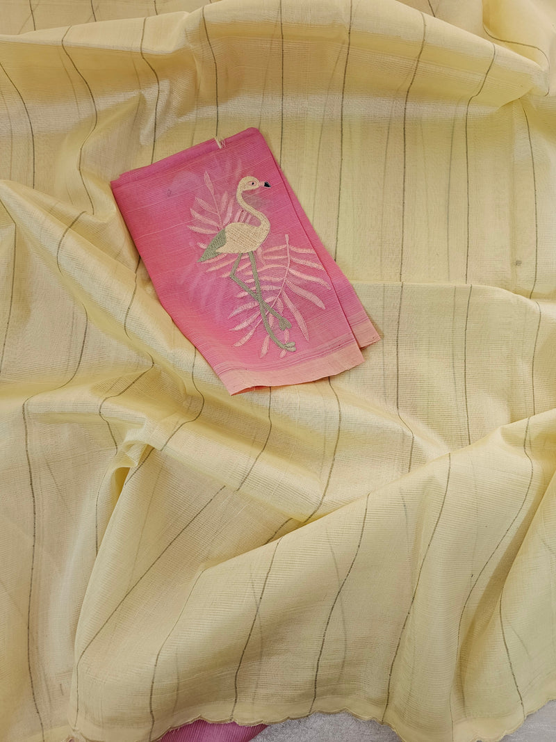 Mangalagiri Silk Cotton - Lime Yellow with Pink