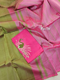 Mangalagiri Silk Cotton - Green with Pink