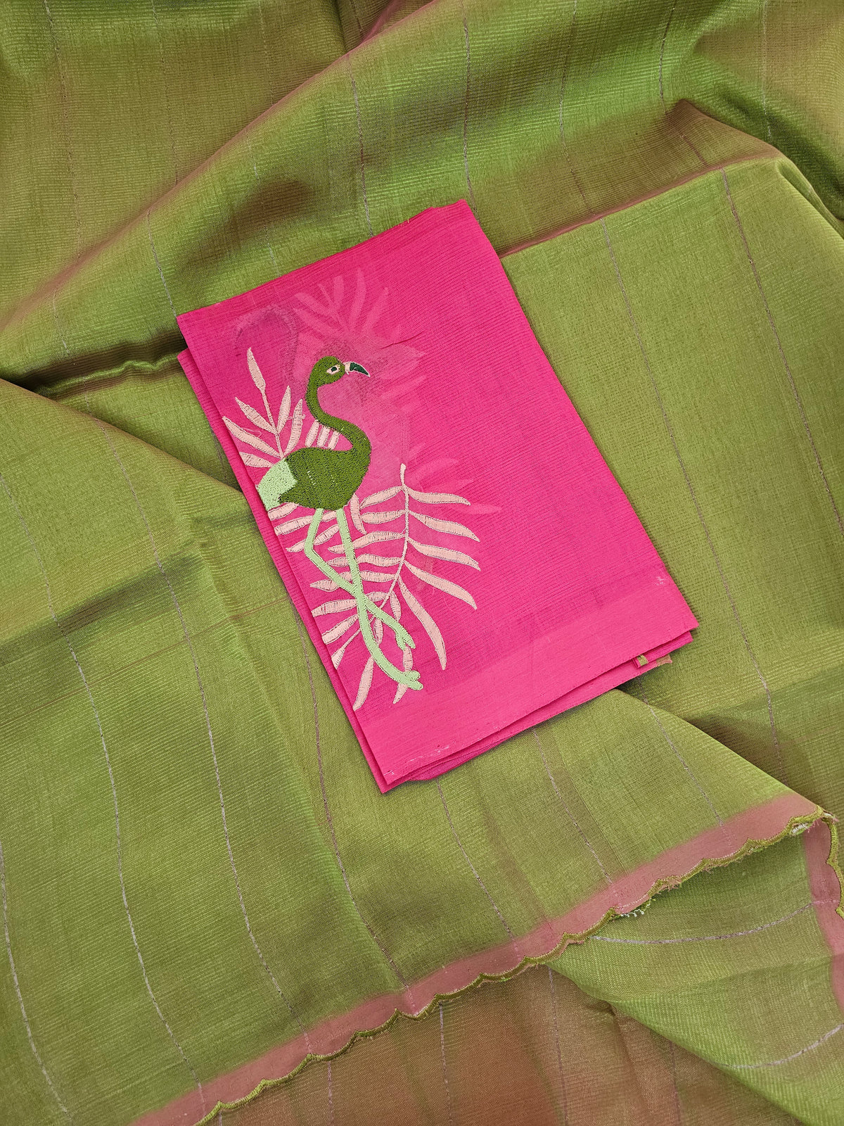 Mangalagiri Silk Cotton - Green with Pink