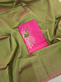 Mangalagiri Silk Cotton - Green with Pink