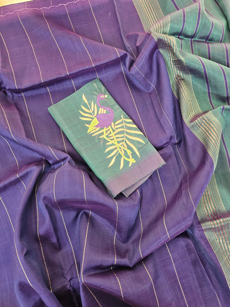 Mangalagiri Silk Cotton - Blue with Peacock Green