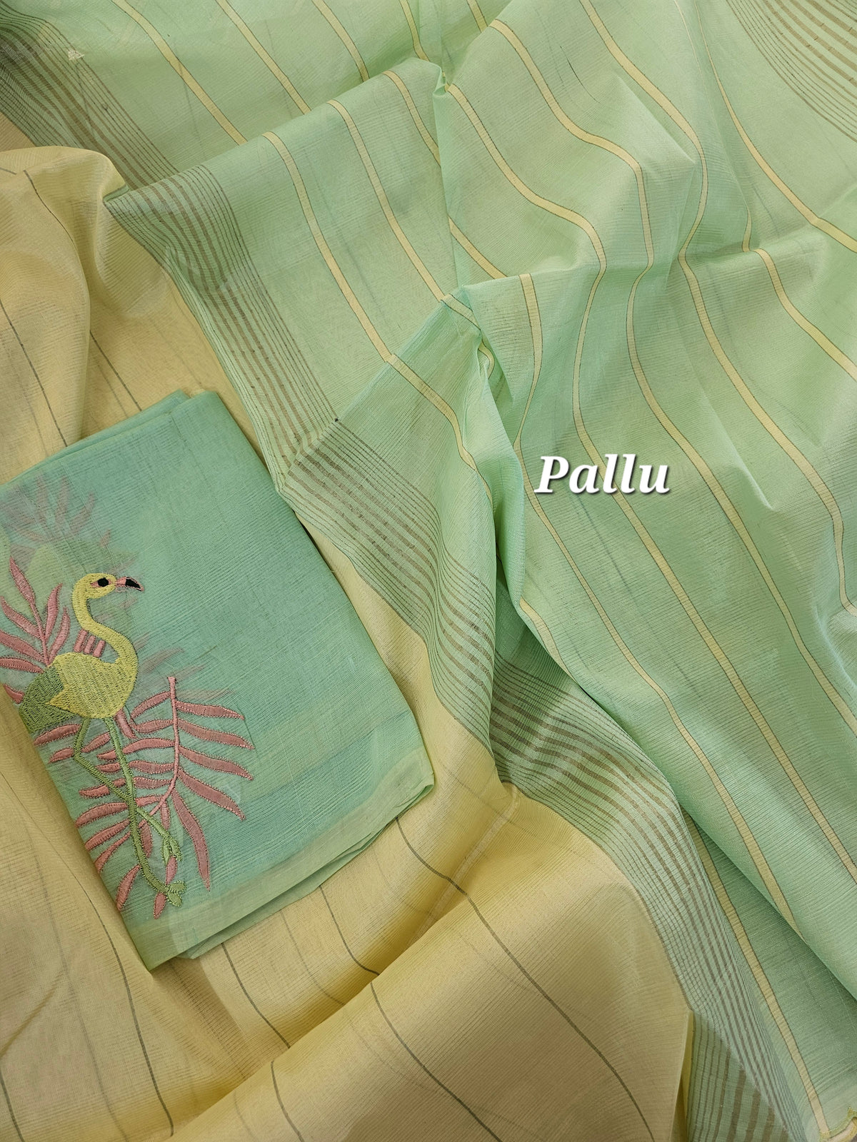 Mangalagiri Silk Cotton - Lime Yellow with Sea Green