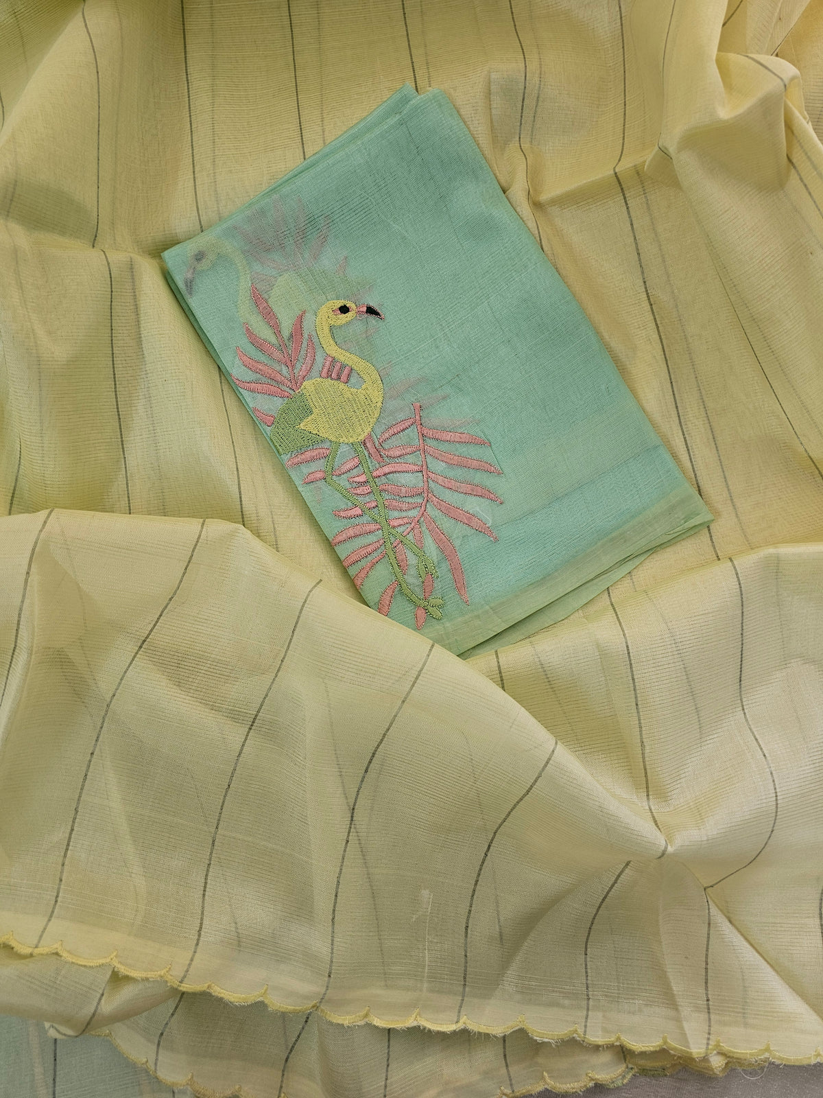 Mangalagiri Silk Cotton - Lime Yellow with Sea Green