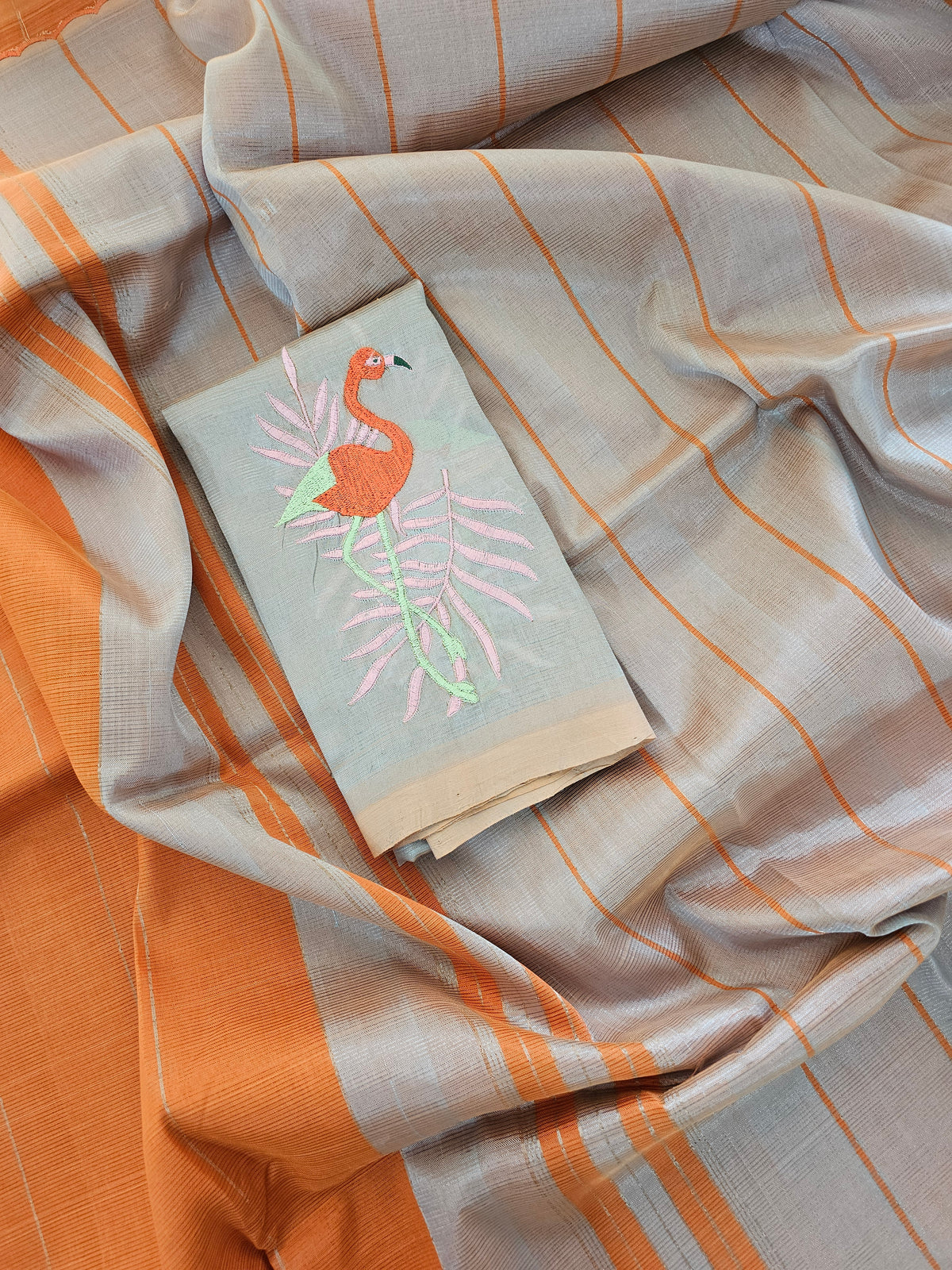 Mangalagiri Silk Cotton - Orange with Grey