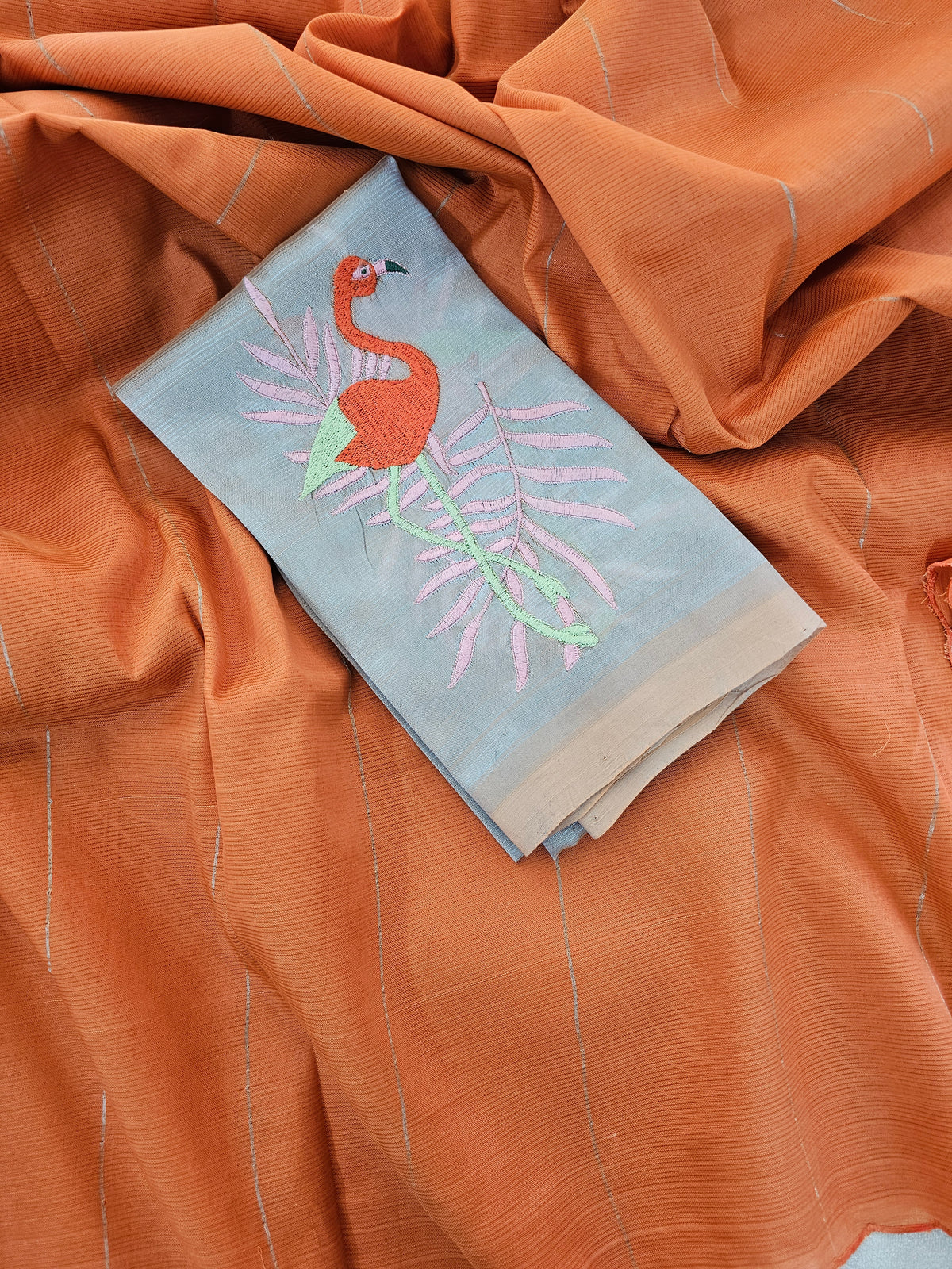 Mangalagiri Silk Cotton - Orange with Grey