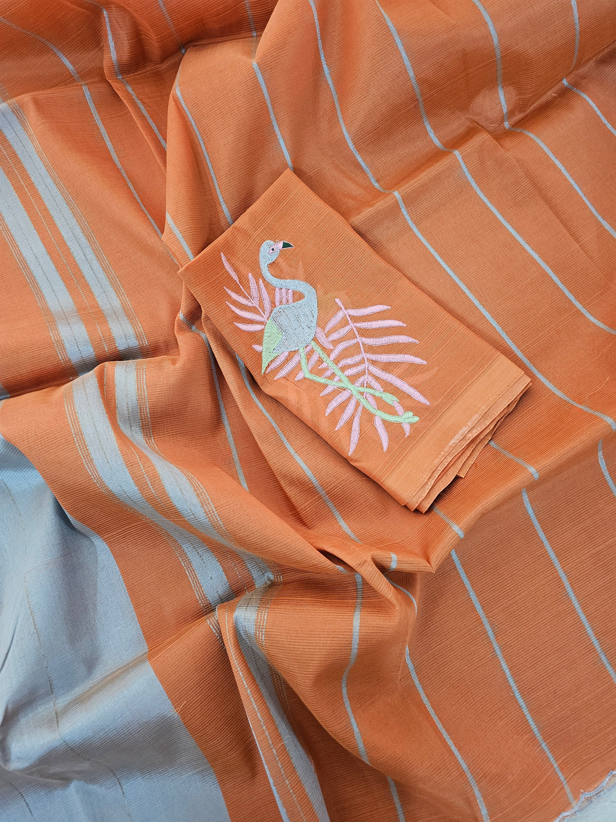 Mangalagiri Silk Cotton - Mettalic Grey with Orange