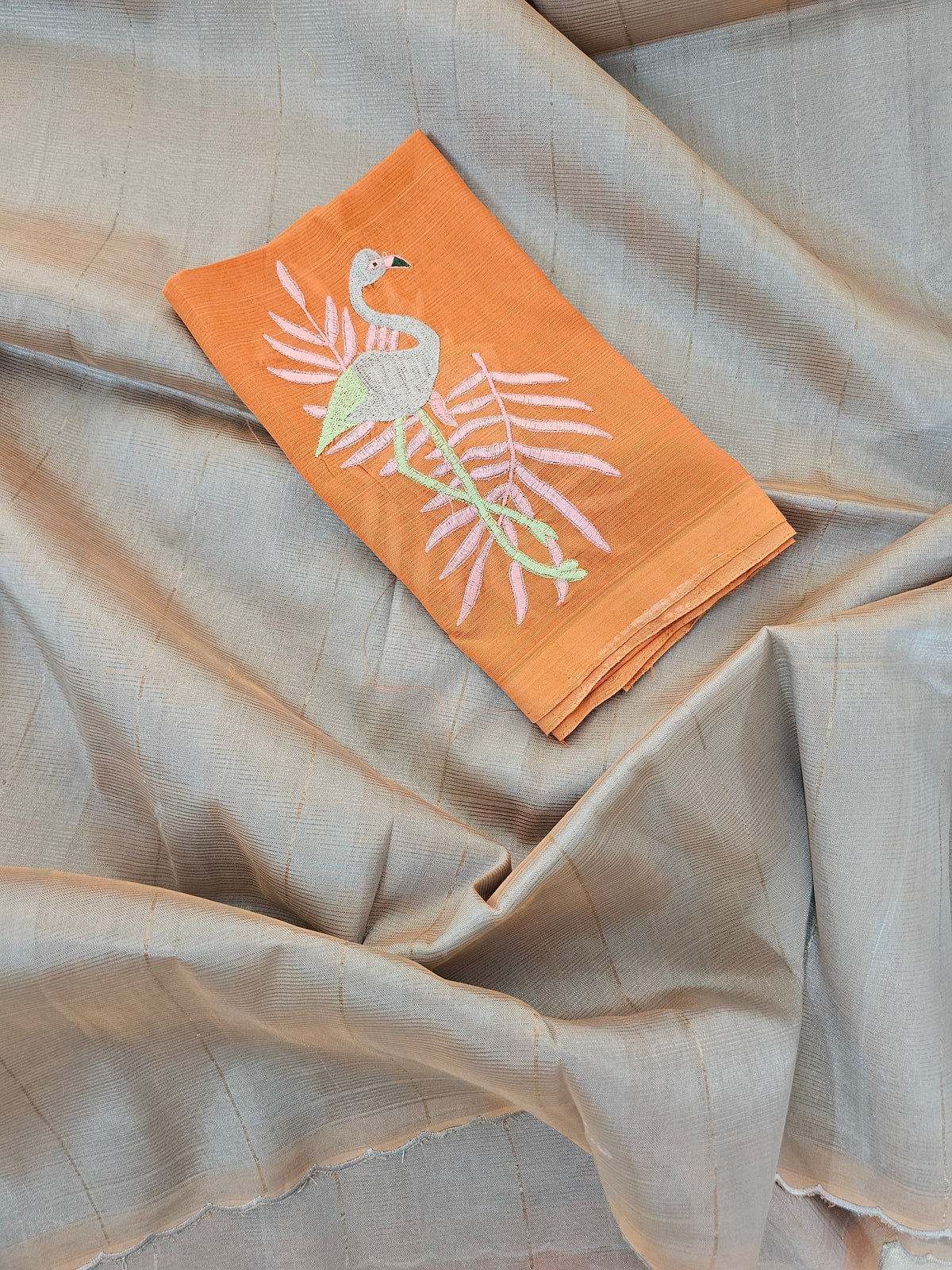 Mangalagiri Silk Cotton - Mettalic Grey with Orange