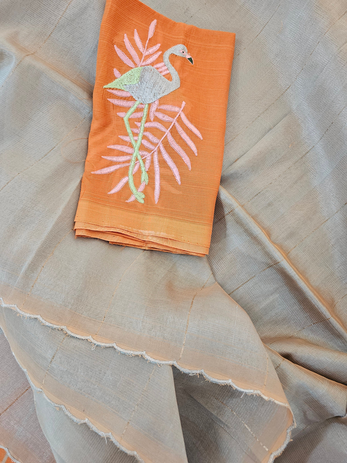 Mangalagiri Silk Cotton - Mettalic Grey with Orange