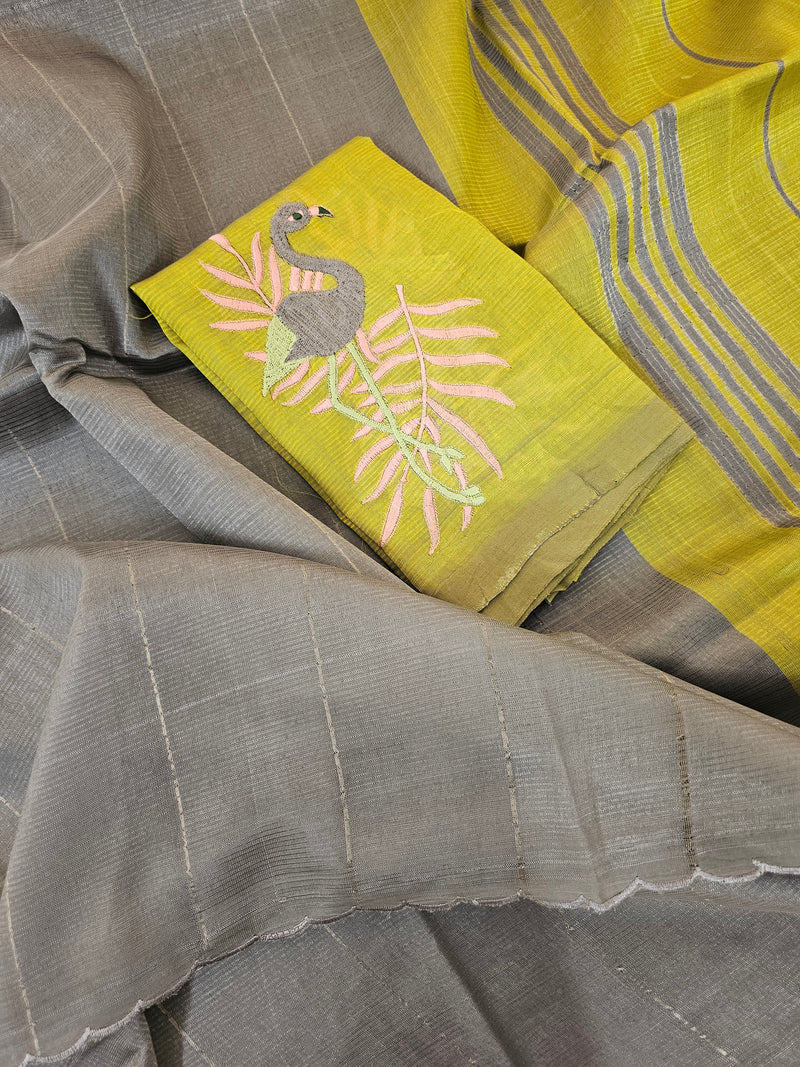 Mangalagiri Silk Cotton - Grey with Green