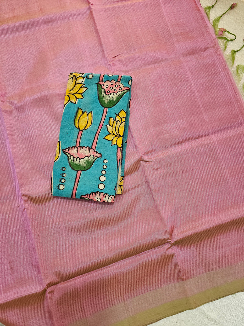 Handwoven Mangalagiri Plain Pattu Saree - Lotus Pink with Green