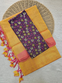 Handwoven Mangalagiri Plain Pattu Saree - Mango Yellow with Pink