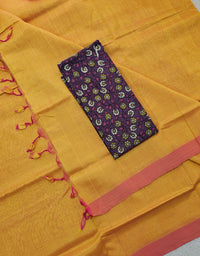 Handwoven Mangalagiri Plain Pattu Saree - Mango Yellow with Pink