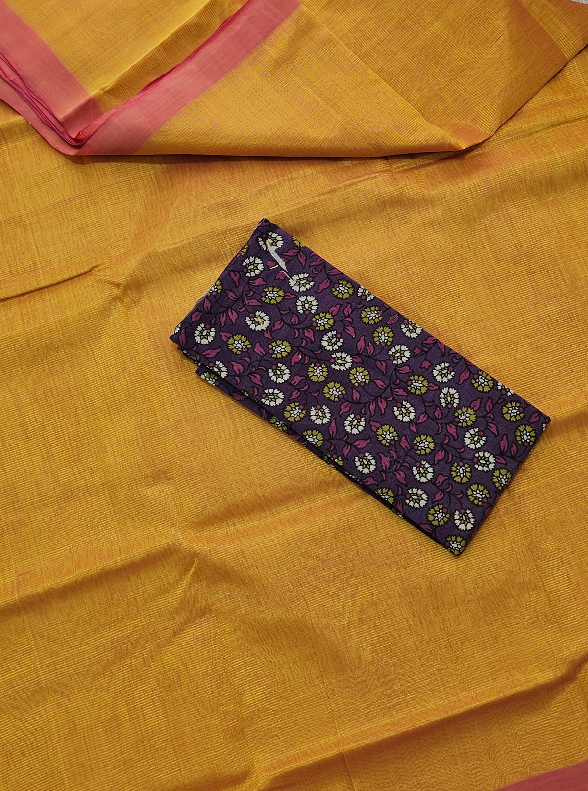 Handwoven Mangalagiri Plain Pattu Saree - Mango Yellow with Pink