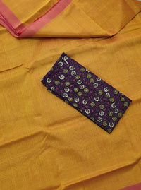 Handwoven Mangalagiri Plain Pattu Saree - Mango Yellow with Pink