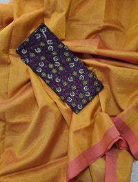 Handwoven Mangalagiri Plain Pattu Saree - Mango Yellow with Pink