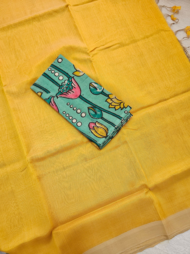 Handwoven Mangalagiri Plain Pattu Saree - Yellow with Beige