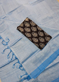 Handwoven Mangalagiri Plain Pattu Saree - Blue with Off-White