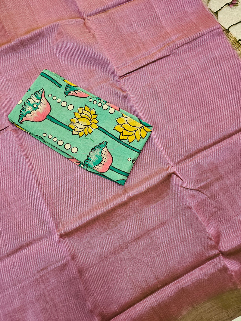 Handwoven Mangalagiri Plain Pattu Saree - Onion Pink with Green