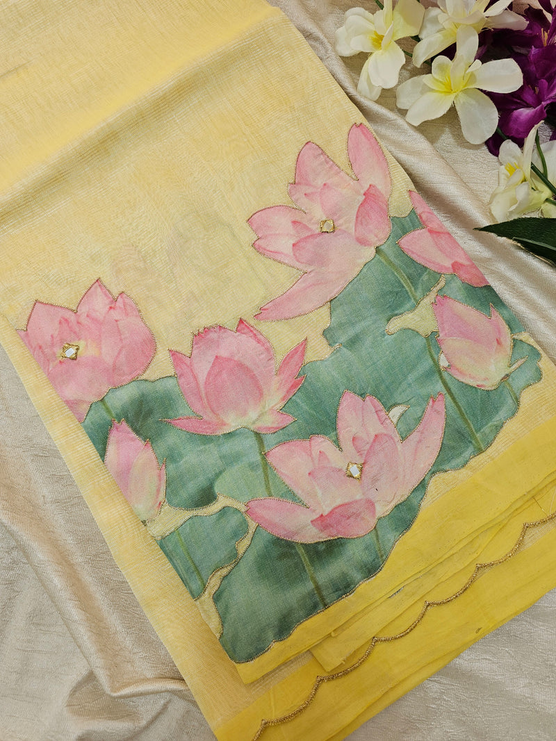 Handwoven Mangalagiri Pattu Saree with Floral Patch Work - Yellow