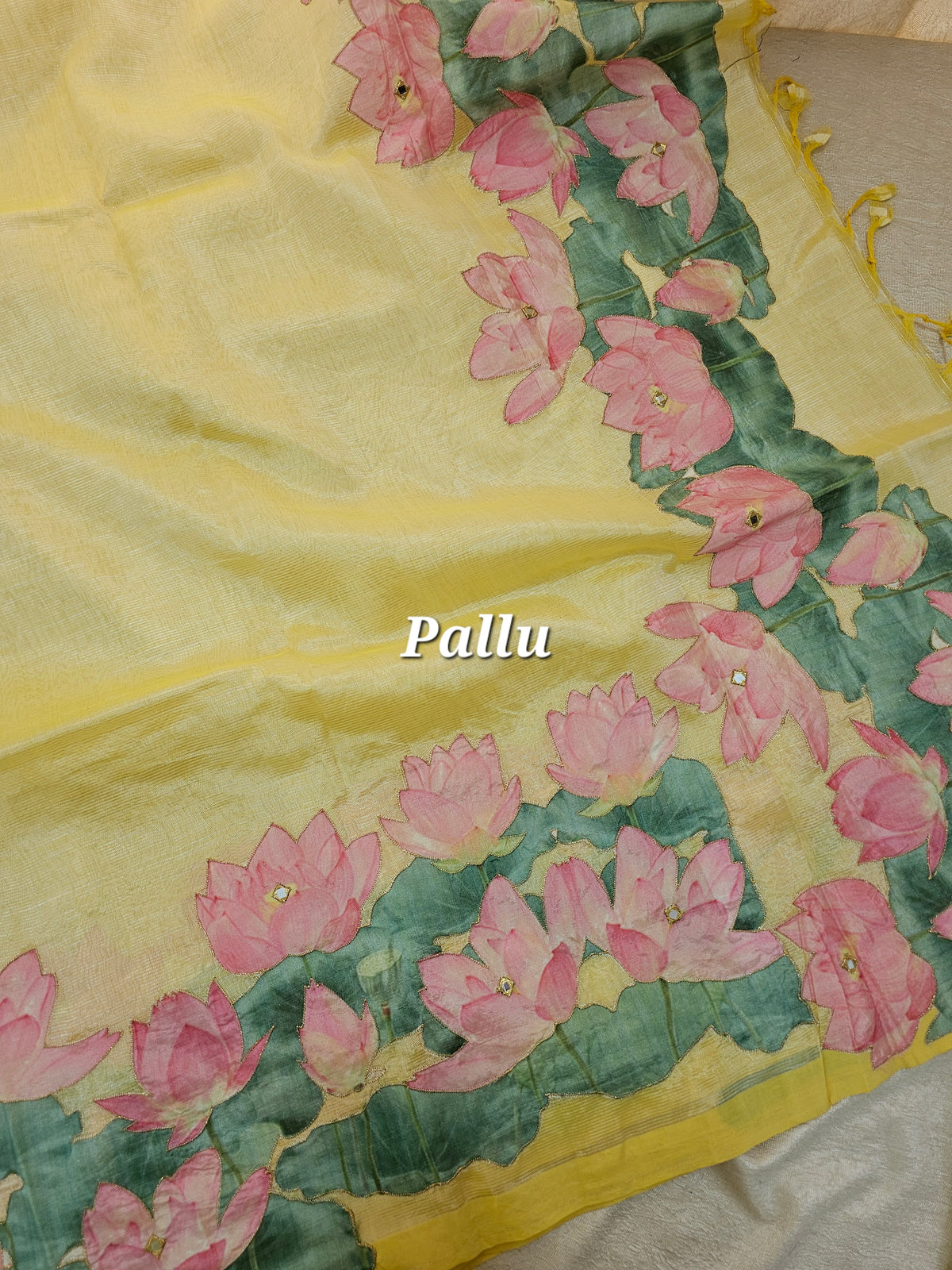 Handwoven Mangalagiri Pattu Saree with Floral Patch Work - Yellow