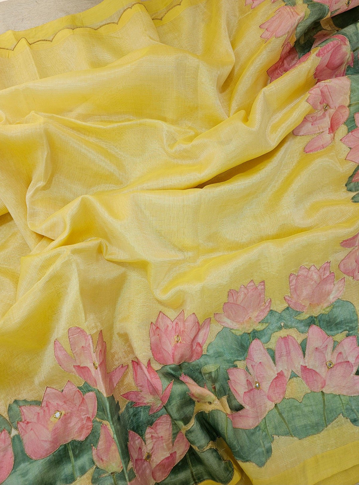 Handwoven Mangalagiri Pattu Saree with Floral Patch Work - Yellow