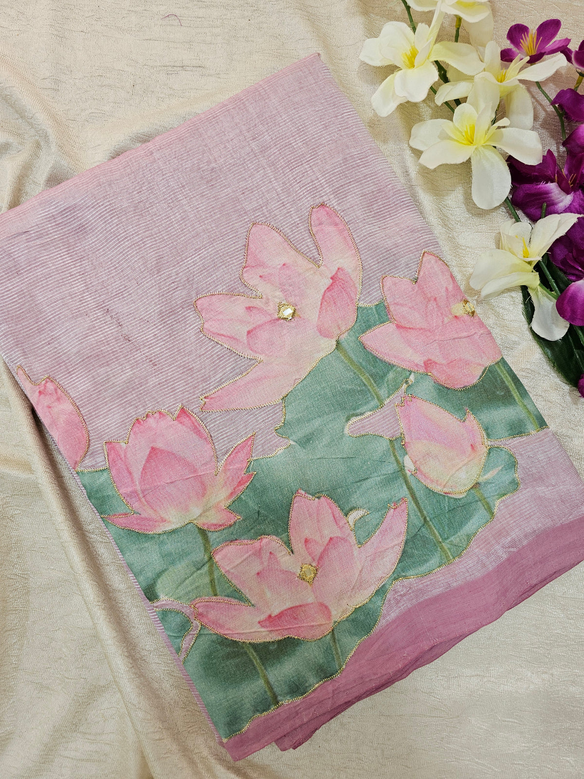 Handwoven Mangalagiri Pattu Saree with Floral Patch Work - Sea Green