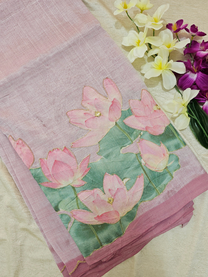 Handwoven Mangalagiri Pattu Saree with Floral Patch Work - Pink