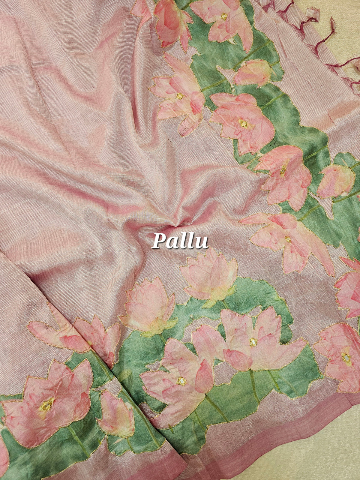 Handwoven Mangalagiri Pattu Saree with Floral Patch Work - Sea Green