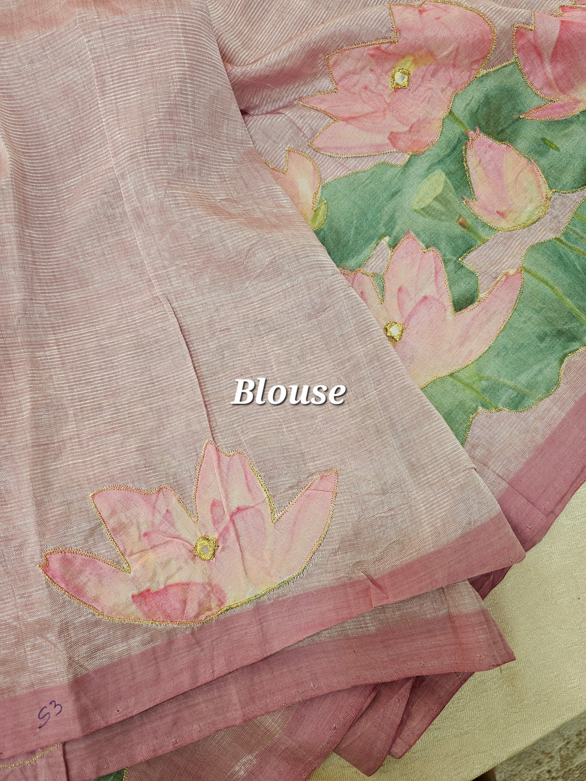 Handwoven Mangalagiri Pattu Saree with Floral Patch Work - Sea Green