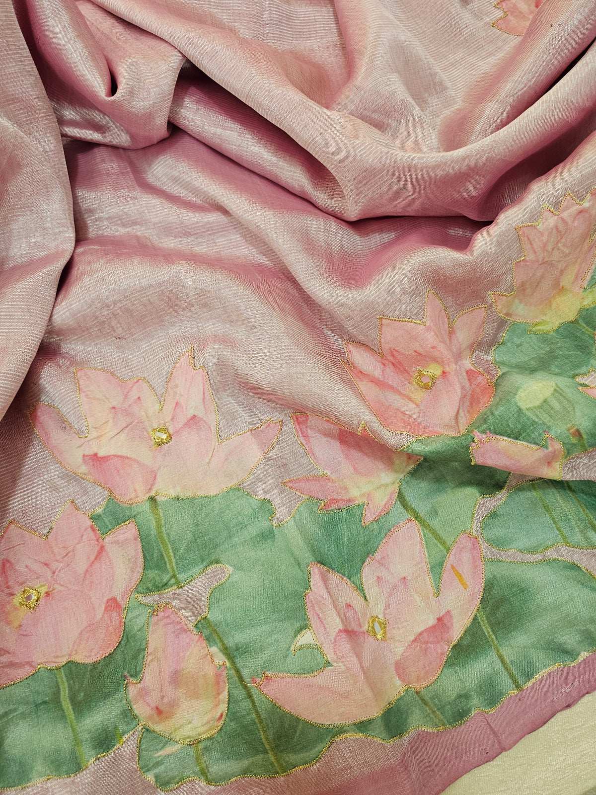 Handwoven Mangalagiri Pattu Saree with Floral Patch Work - Sea Green