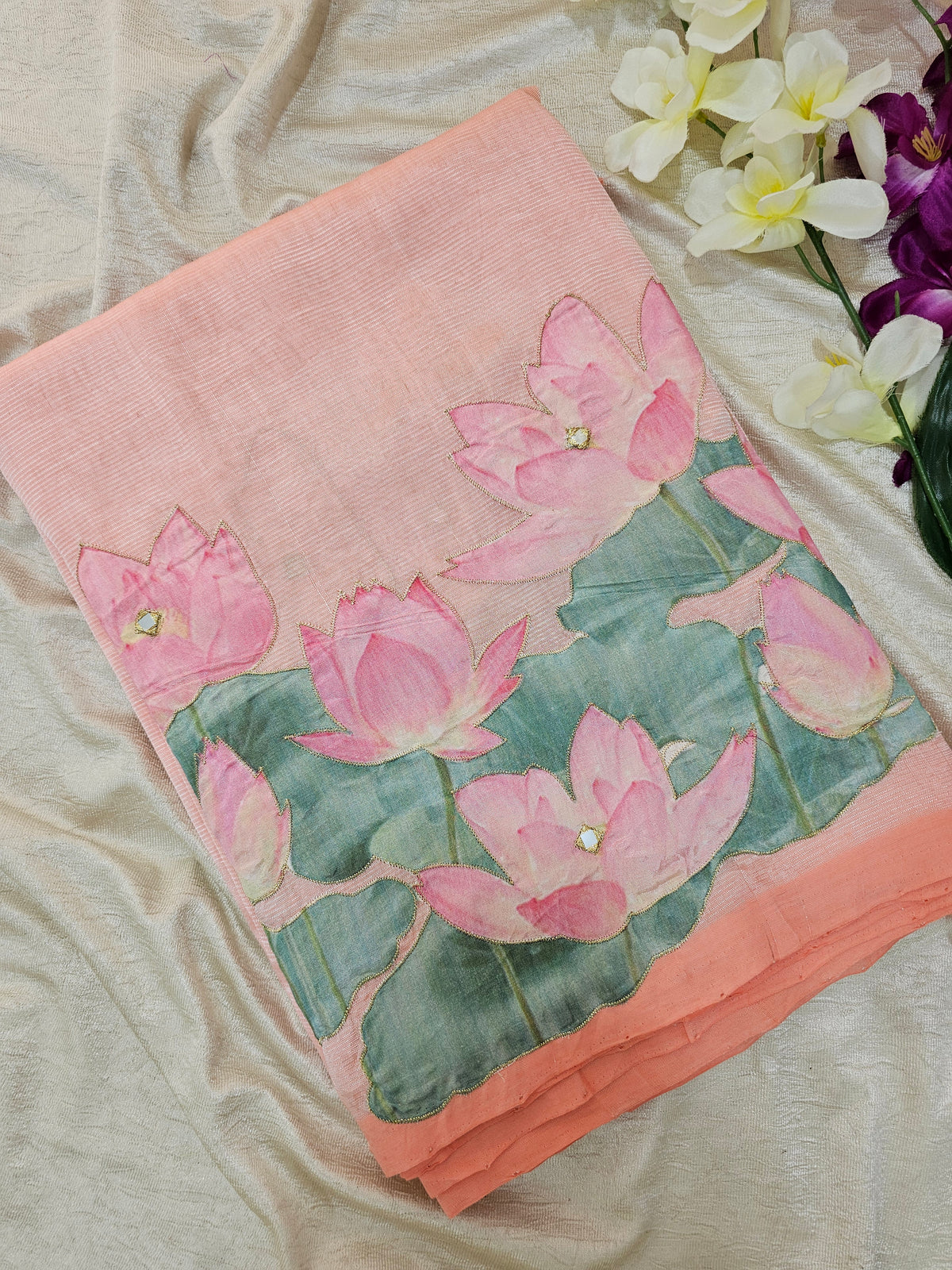 Handwoven Mangalagiri Pattu Saree with Floral Patch Work - Peach